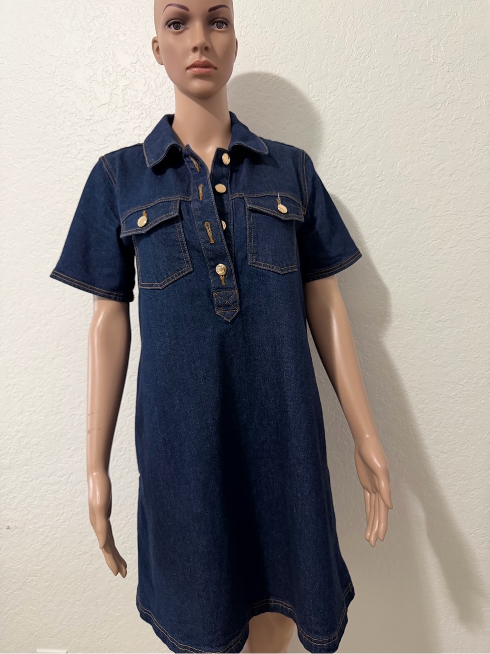 LOFT Dark Blue Denim Polo Dress with Button Placket